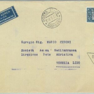 84713 - EGEO Rodi  - Postal History - FIRST FLIGHT: RHODES / Venice  1933