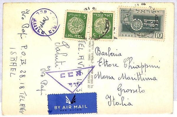 ai1768 - ISRAEL - Postal History - Censored POSTCARD to ITALY 1950 - TEL AVIV