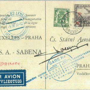 89778 - BELGIUM - Postal History - FIRST FLIGHT Card to PRAGUE Muller # 211 1937
