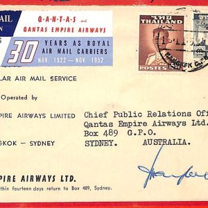 aa3424 - THAILAND  - POSTAL HISTORY - FIRST FLIGHT COVER to SYDNEY 1947 Signed