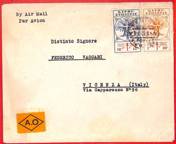 aa3901 - ETHIOPIA - POSTAL HISTORY -  AIRMAIL COVER to ITALY  1958  Tuberculosis
