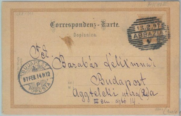 81860 - AUSTRIA Croatia - POSTAL HISTORY - STATIONERY from ABBAZIA to HUNGARY