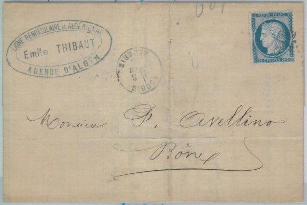 82848 - ALGERIA  - POSTAL HISTORY -  COVER from BOUGIE to BONE 1873