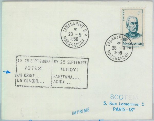 80988 -  MADAGASCAR  - POSTAL HISTORY - Nice POSTMARK on COVER  to FRANCE 1958