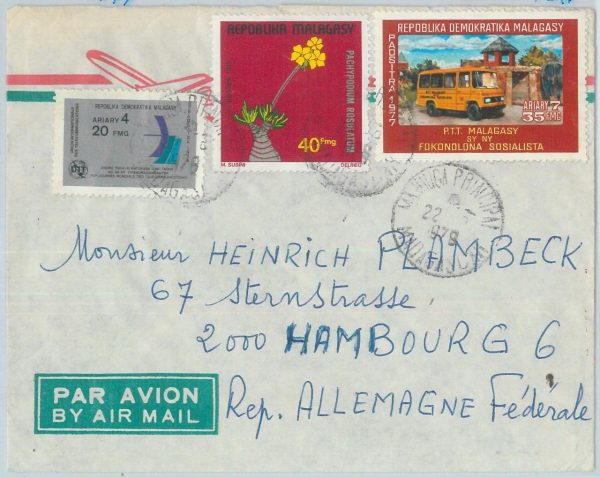 81048 - MADAGASCAR - POSTAL HISTORY -  Airmail COVER 1979  AUTOMOBILES flowers