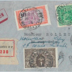 81108 - MADAGASCAR - POSTAL HISTORY - REGISTERED Airmail COVER to FRANCE  1935