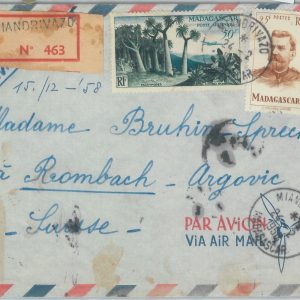 81115 -  MADAGASCAR  - POSTAL HISTORY - REGISTERED COVER from MIANDRIVAZO   1958