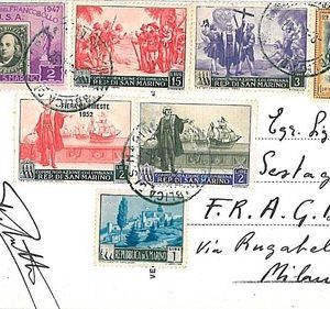 SAN MARINO - storia postale - CARTOLINA con bella AFFRANCATURA 1952