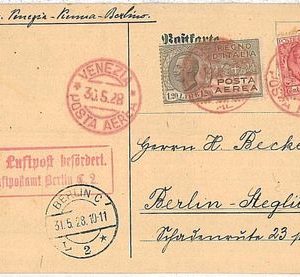 ITALIA storia postale - PRIMI VOLI - cat  SASSONE 111a: VENEZIA / ROMA / BERLINO