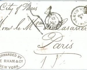 69365 - USA - POSTAL HISTORY - UNFRANKED COVER from NY to PARIS 1871 - FORWARDED