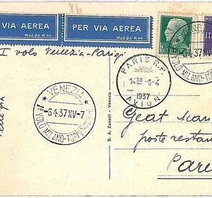 ITALIA storia postale PRIMI VOLI - cat  SASSONE 453c: VENEZIA /  MILANO / PARIGI