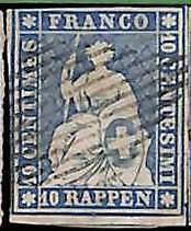 94993bC - SWITZERLAND - STAMP - Zumstein # 23a  Green Thread  / Thin Paper USED