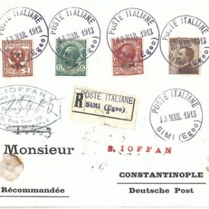71561 -  colonie EGEO: Simi -  BUSTA RACCOMANDATA  a CONSTANTINOPLE !  1913
