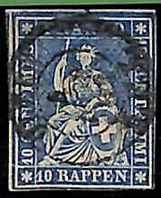 94991aC - SWITZERLAND - STAMP - Zumstein # 23 Green Thread  / Medium Paper USED