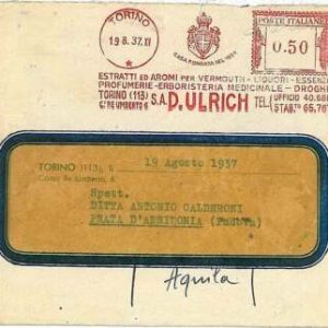 21699 - STORIA POSTALE - Annullo ROSSO MECCANICO  1937 - ULRICH Torino