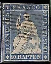 94993bF - SWITZERLAND - STAMP - Zumstein # 23a  Green Thread  / Thin Paper USED