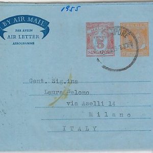 59553 -   MALAYA  Singapore - POSTAL HISTORY:  AEROGRAMME to ITALY 1955