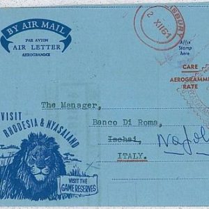 36399  RHODESIA & NYASSALAND - Aerogramme: visit the GAME RESERVES - LION 1961