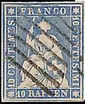 94993aB - SWITZERLAND - STAMP - Zumstein # 23a  Green Thread  / Thin Paper USED