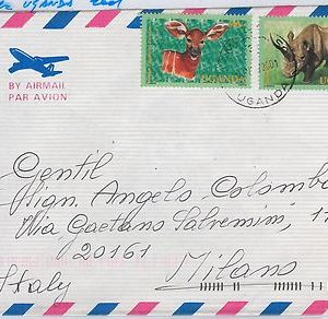 UGANDA -  POSTAL HISTORY - AIRMAIL COVER to ITALY  -  ANIMALS Fauna Rhinoceros