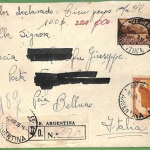 98697 - ARGENTINA - POSTAL HISTORY -  Registered COVER to ITALY  1939 Ambulante