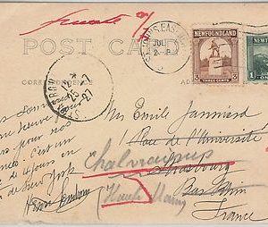 51830 - CANADA: NEWFOUNDLAND -  POSTAL HISTORY - POSTCARD to FRANCE 1927