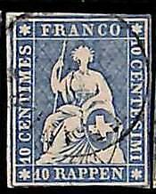 94993cE - SWITZERLAND - STAMP - Zumstein # 23 Green Thread  / Medium  Paper USED