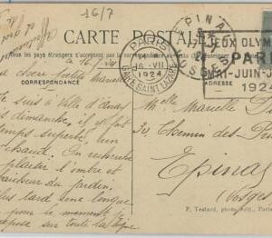 51236 - FRANCE - POSTAL HISTORY - 1924 Olympic postmark on postcard DURING GAMES