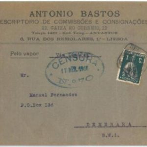70064 - PORTUGAL  - POSTAL HISTORY -  COVER to BRITISH WEST INDIES Demerara 1916
