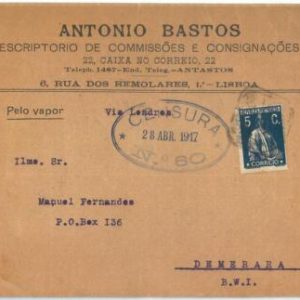 70065 - PORTUGAL  - POSTAL HISTORY -  COVER to BRITISH WEST INDIES Demerara 1917