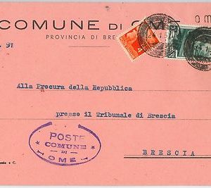 LAVORO - DEMOCRATICA Storia Postale: ANNULLO MUTO EMERGENZA su BUSTA da OME 1952