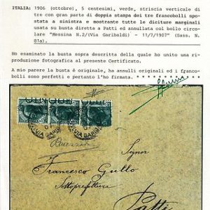 ITALIA REGNO: VARIETA' su BUSTA - Sass 81a striscia 3 1907 - CERTIFICATO SORANI