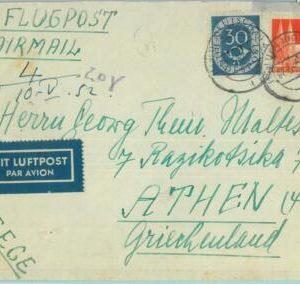 85213 - GERMANY - POSTAL HISTORY - Mixed franking on COVER to GREECE 1952