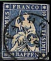 94991aB - SWITZERLAND - STAMP - Zumstein # 23 Green Thread  / Medium Paper USED