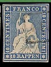 94995aE - SWITZERLAND - STAMP - Zumstein # 23 Green Thread  / Medium  Paper USED