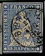 94995aD - SWITZERLAND - STAMP - Zumstein # 23 Green Thread  / Medium  Paper USED