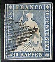 94995aA - SWITZERLAND - STAMP - Zumstein # 23 Green Thread  / Medium  Paper USED