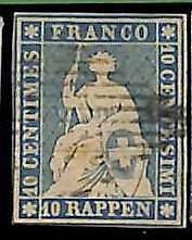 94995aC - SWITZERLAND - STAMP - Zumstein # 23 Green Thread  / Medium  Paper USED
