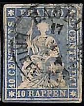 94994hB - SWITZERLAND - STAMP - Zumstein # 23cb  Red Thread  / Medium Paper USED