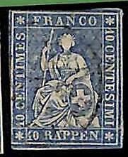 94995aB - SWITZERLAND - STAMP - Zumstein # 23 Green Thread  / Medium  Paper USED