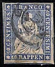 94994hA - SWITZERLAND - STAMP - Zumstein # 23cb  Red Thread  / Medium Paper USED