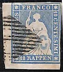 94994gB - SWITZERLAND - STAMP - Zumstein # 23ca  Red Thread  / Thin Paper USED