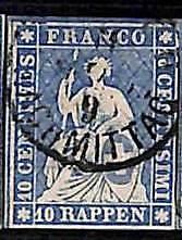 94994cD - SWITZERLAND - STAMP - Zumstein # 23cb  Red Thread  / Medium Paper USED