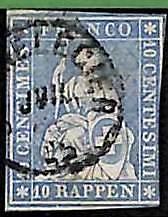 94994aD - SWITZERLAND - STAMP - Zumstein # 23ca  Red Thread  / Thin Paper USED