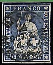 94991aD - SWITZERLAND - STAMP - Zumstein # 23 Green Thread  / Medium Paper USED