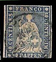 94995aH - SWITZERLAND - STAMP - Zumstein # 23 Green Thread  / Medium  Paper USED