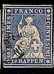 94991dD - SWITZERLAND - STAMP - Zumstein # 23 Green Thread  / Thick Paper USED