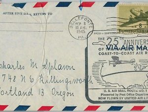 60164 - USA - Flight COVER: 25th ANNIVERSARY COAST-to-COAST 1945: BELLEFONTE, PA