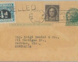 81749 - USA - POSTAL HISTORY -  STATIONERY CARD to AUTRALIA with REVENUE stamp