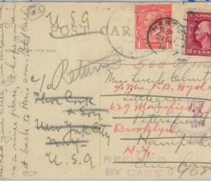81724  - USA  - POSTAL HISTORY -  POSTCARD to England, returned to USA! 1914/15